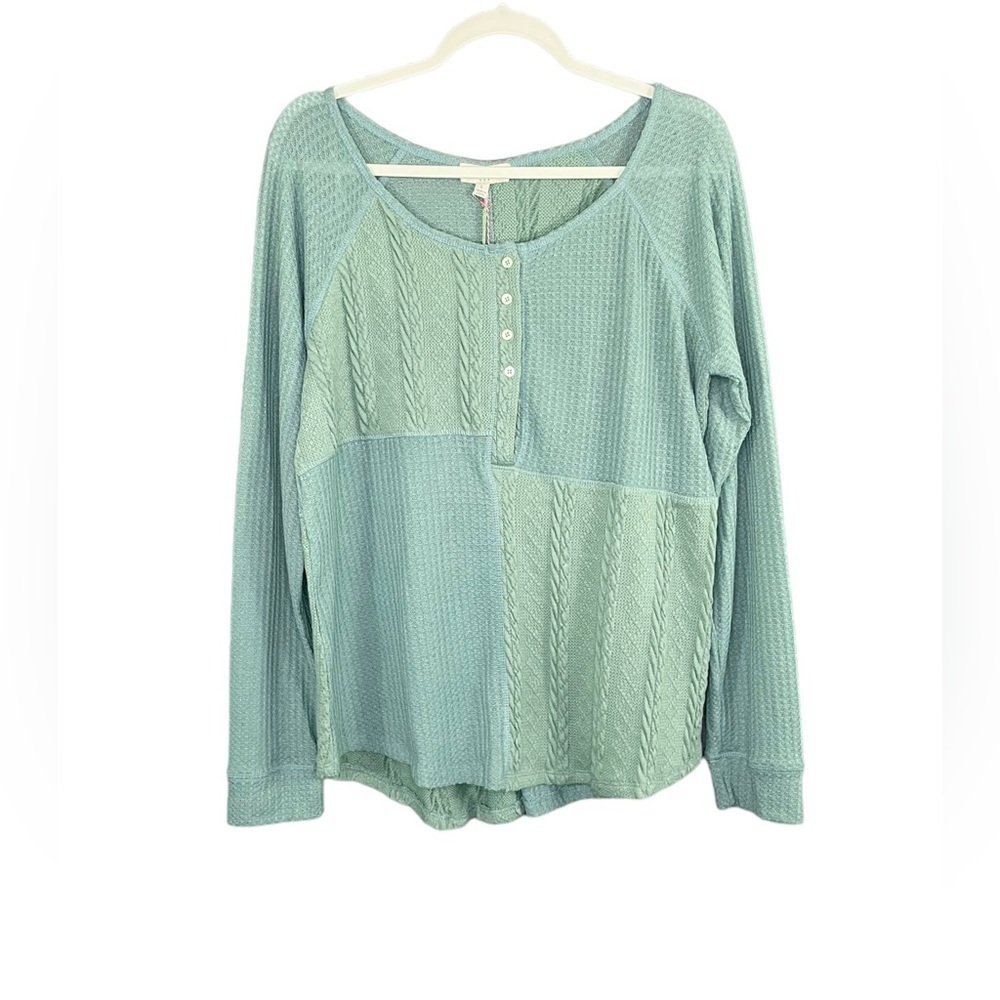 Umgee Mixed Knit Henley Waffle Knit Top NWT